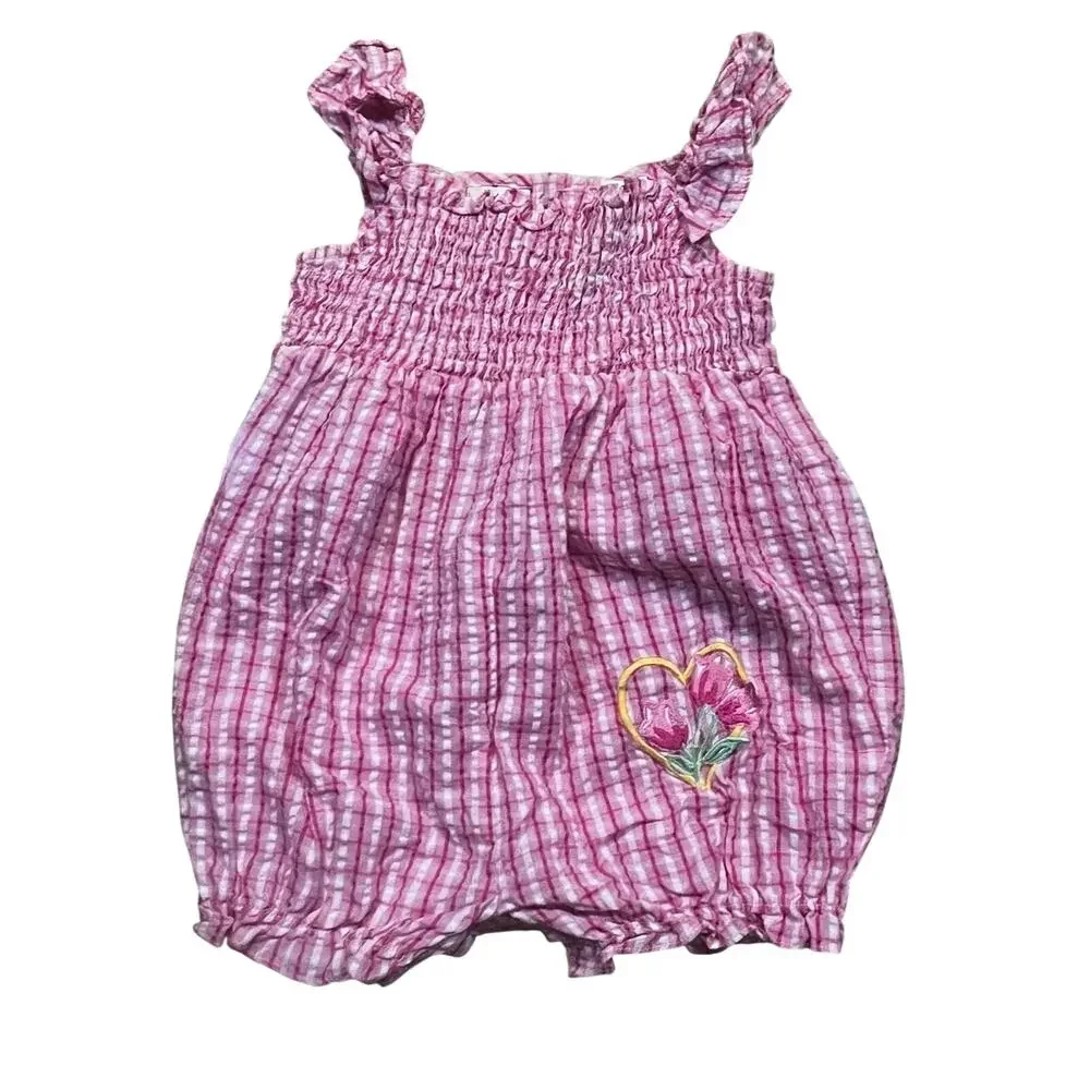 Vintage Carter’s Baby Girl Pink Gingham Tulip Embroidered Romper 24M Cottagecore